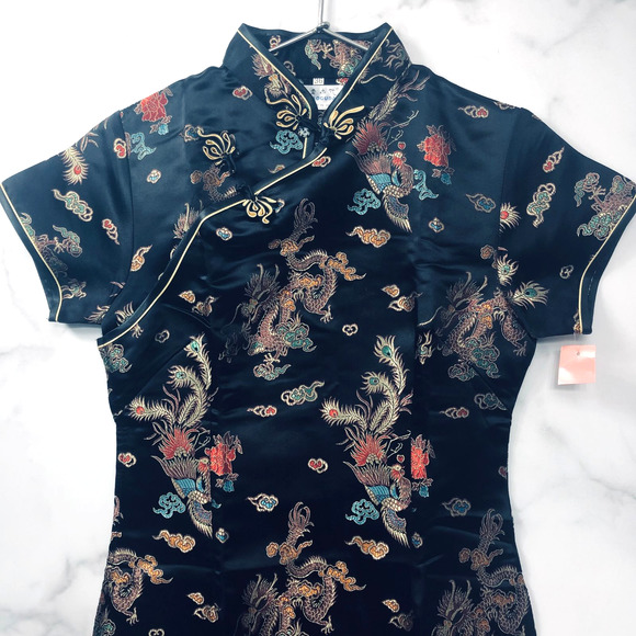 Vintage Dress Cheongsam Cocktail Black Brocade dragon gold motif sheath Lux LBD - Picture 8 of 16